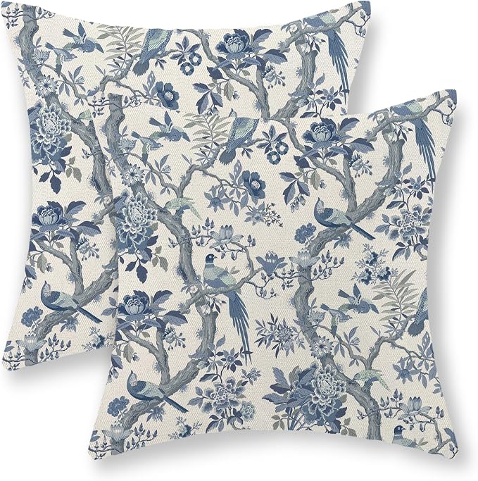 Chinoiserie Pillow Covers 16x16 Set of 2 Blue and White Bird Floral Throw Pillows Vintage Blue Flowers Decorations Outdoor Pillowcase Chinoiserie Decor Farmhouse Cushion Case for Couch Home
