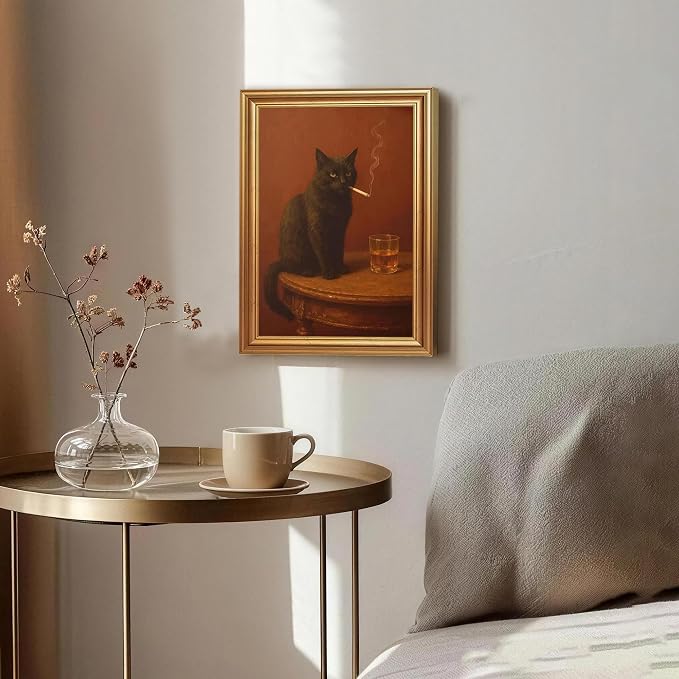 ICHZUMW Gold Framed Funny Black Cat Whiskey Vintage Canvas Wall Art 12x16In | Funny Cat Smoking Cigarette Picture, Quirky Animal Bar Wall decor, Bathroom Man Cave Bedroom, Fade Resistant, Ready to Hang