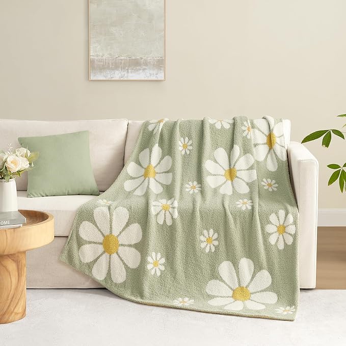 Snuggle Sac Spring Flower Throw Blanket for Couch, Fuzzy Microfiber Warm Winter Daisy Floral Blankets, Cute Throws for Girls Daughter Gifts, Flower Sage Green, 50x60 inches