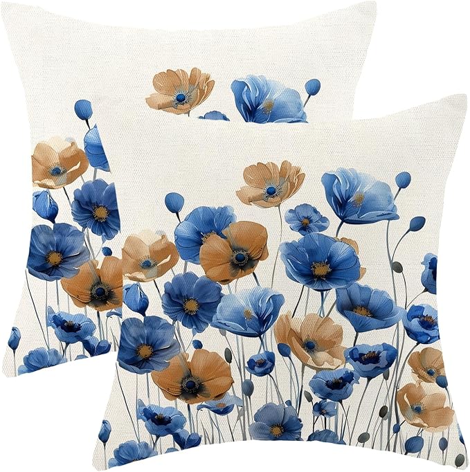 Spring Floral Pillow Covers 18x18 Set of 2 Blue Brown Flower Decorative Throw Pillow Covers Decoration Summer Seasonal Pillowcase Farmhouse Decorative Cushion Cover For Home Sofa Outdoor Decor