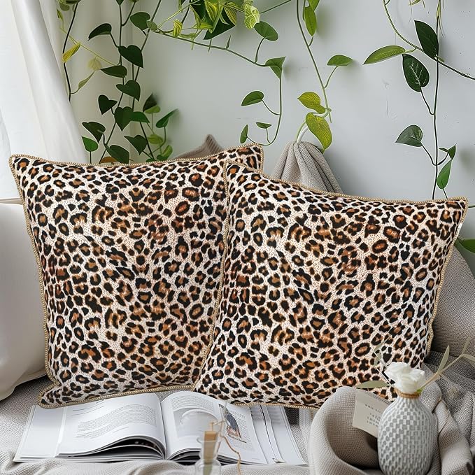 KSLIDS Leopard Print Faux Fur Soft Velvet Throw Pillow Covers Set of 2 Brown Black Cheetah Decorative Pillow Covers 16x16 Inch Animal Pillow Case for Sofa Couch Bedroom Farmhouse Home Decor