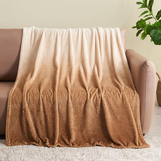 NEWCOSPLAY Fleece Leaves Pattern Twin Blanket, Ombre Brown, 60"x80" | Super Soft Throw Blanket, Lightweight Cozy Bed Sofa Blanket, Premium Silky Flannel Fleece, Travel Blanket for All Season Use