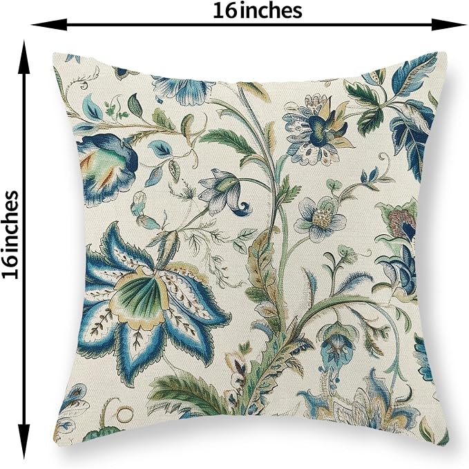 Blue Green Pillow Covers 16x16 Set of 2 Sage Green Chinoiserie Floral Throw Pillows Boho Vintage Flowers Decorative Pillowcase Outdoor Chinoiserie Decor Farmhouse Cushion Case for Couch Sofa