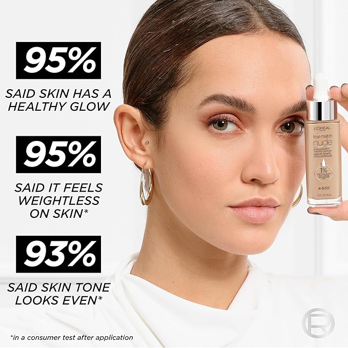 L'Oreal Paris True Match Nude Hyaluronic Tinted Serum Foundation with 1% Hyaluronic acid, Rosy Light 1-2.5, 1 fl. oz.