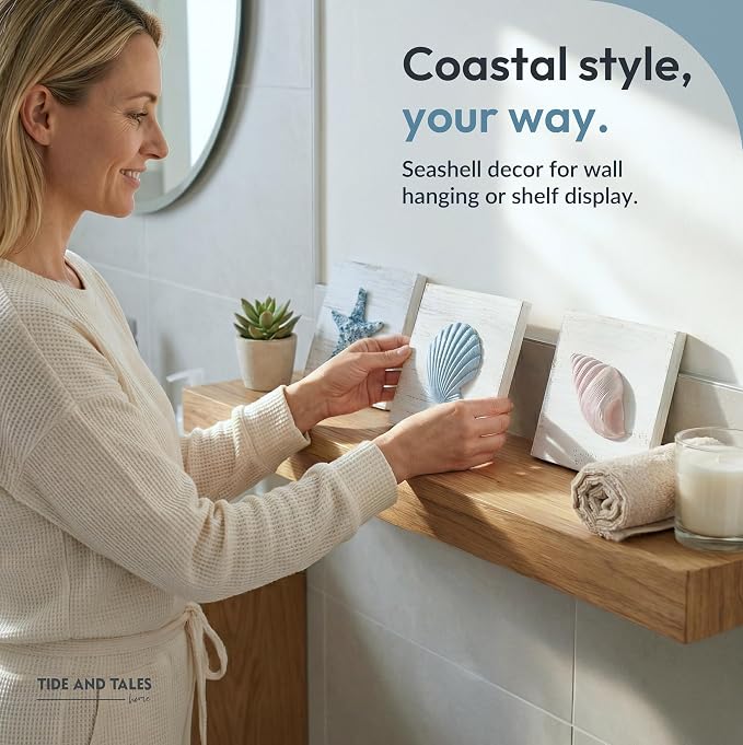 Tide and Tales 3D Beach Wall Art, Coastal Bathroom Wall Decor, Set of 3 | 6" x 6", Textured 3D Seashells Room Decor, Lightweight, Hand Painted, Beach Decorations for Home, Hanging Ready, Gift Boxed
