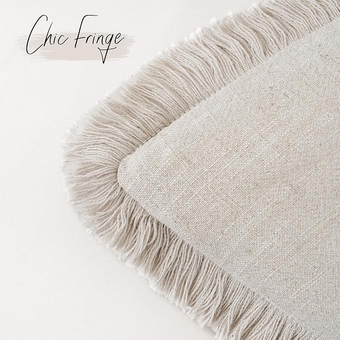 Foindtower Lumbar Decorative Linen Fringe Throw Pillow Covers 12×20 Beige | Set of 2 Cozy Accent Modern Pillowcase, Boho Farmhouse Soft Cushion Cover with Tassels, Home Decor for Sofa Couch Living Room