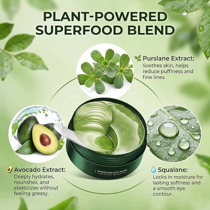 Avocado Eye Mask 60 PCS, Under Eye Patches for Dark Circles and Puffiness, Moisturizing Nourishing Eye Treatment Mask, Improving Eye Skin Dryness, Fine Lines and Wrinkles, Parches para Ojeras