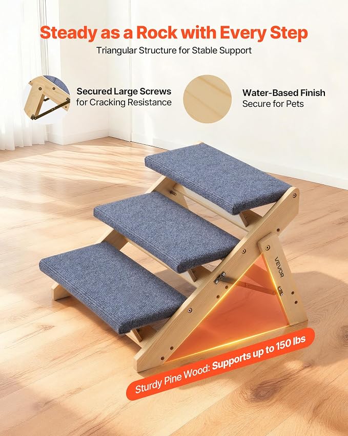 VEVOR Wood Pet Stairs, 3-Step Dog Stairs for Beds, Sofa & Cars, 150lbs Load Capacity, Floded Flat Design, Stable & Sturdy Cat & Dog Step Ladder for Small Medium Large Older Pet Puppy Essentials