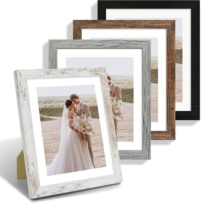 Hongkee 10x12 Picture Frame Set of 4, Made of Real Glass and Multicolour Frame - Display Picture 8x10 with Mat or 10x12 Without Mat, 10 by 12 Photo for Wall Mounting