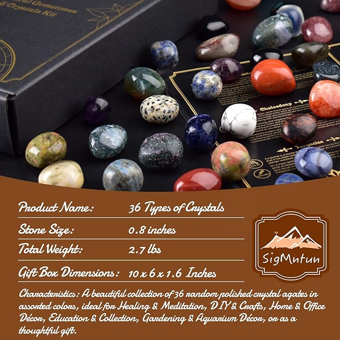 36 Varieties Healing Crystals Stones Bulk Set, Christmas Gifts - 2.5 lbs, 0.8" Natural Polished & Tumbled Gemstones Collection and Large Decorative Rocks for Chakra, Meditation, Reiki, Crafts