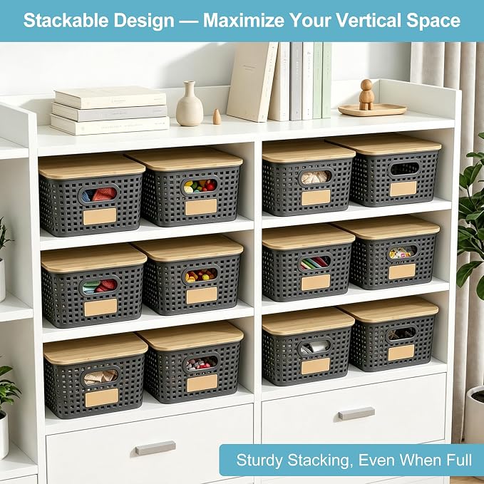 Small Plastic Storage Bins with Bamboo Lids 5.2qt Stackable Box Basket Pantry Decorative Containers Cute with Lable for Organizing Desktop Closet Office Gray of 6 packs 10 * 7.2 * 4.1"