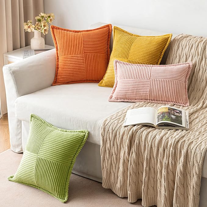 MIULEE Decorative Throw Pillow Covers for Couch 18x18 Inch Green 2 Pack | Boho Broadside Striped Patchwork Pillow Covers, Soft Corduroy Cushion Cases, For Sofa Bed Livingroom Home Decor