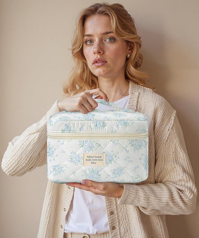 HBselect Quilted Makeup Bag, 3PCS Cotton Large Travel Makeup Bag, Cute Floral Coquette Make up Bag Cosmetic Bag Toiletry Bag for Women Girls