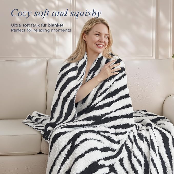 Knit Throw Blanket for Couch, Soft Cozy Fluffy Knitted Blanket for Sofa, Bed, Gift for Women Girls Home Decor (Zebra-Black, Throw 50"x60")