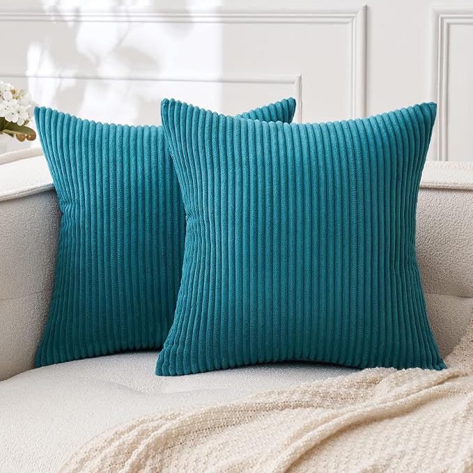 MIULEE Decorative Corduroy Throw Pillow Covers Set of 2 18x18 Teal | Soft Striped Textured Cushion Cases, Boho Coastal Square Pillowcases for Home Decor, for Couch Chair Sofa Bed Living Room
