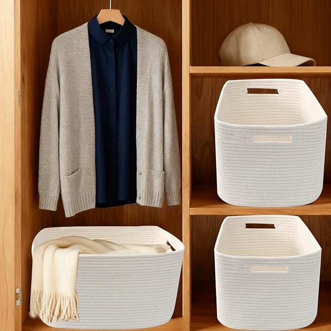 3 Pack Woven Baskets,Storage Baskets for Shelves with Handles | 13.5"×11"×9.5",Closet Baskets,Gift Basket,Nursery Organizer for Toys Towels Books,Storage Bin for Living Room Bedroom-White