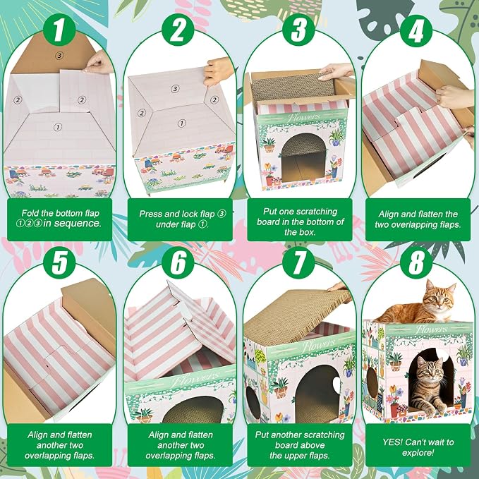 Cinrobiye Cardboard Cat House with 2 Pcs Scratching Pad，Pet Hideaway Cave Board Bed Playhouse Condo Box Decor Small Animals Scratcher Bed for Indoor Cats Kittens Rabbits Bunny