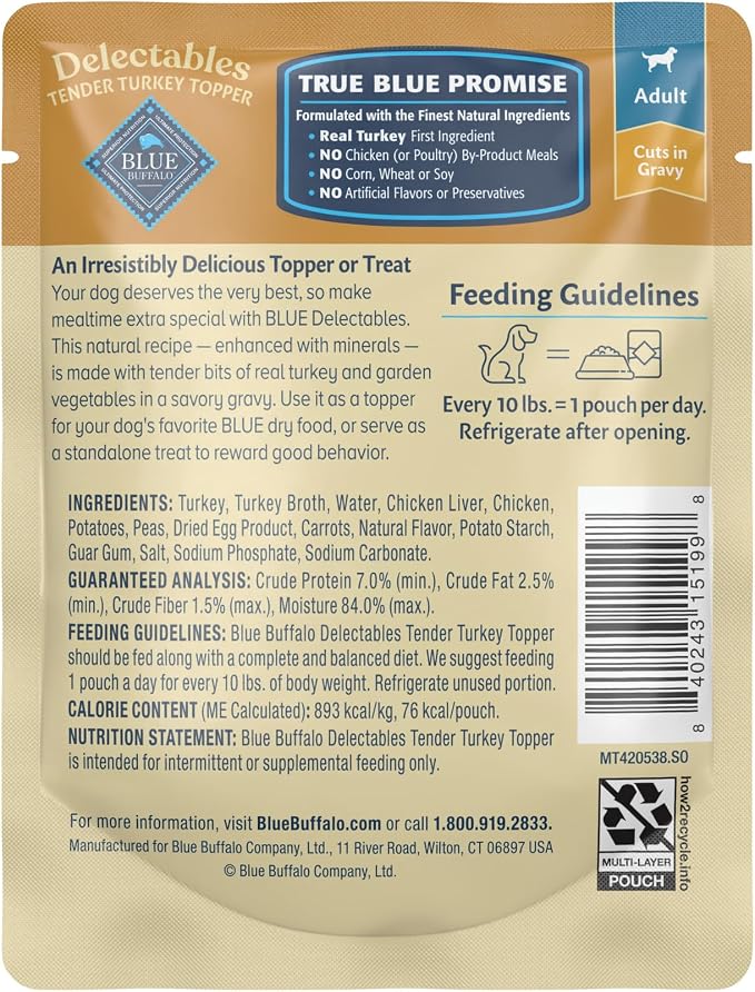 Blue Buffalo Delectables Turkey Dog Food Topper, 3 oz, 24 ct | Real Turkey with Garden Veggies in Gravy, Single-Serve Pouch, Topper or Treat