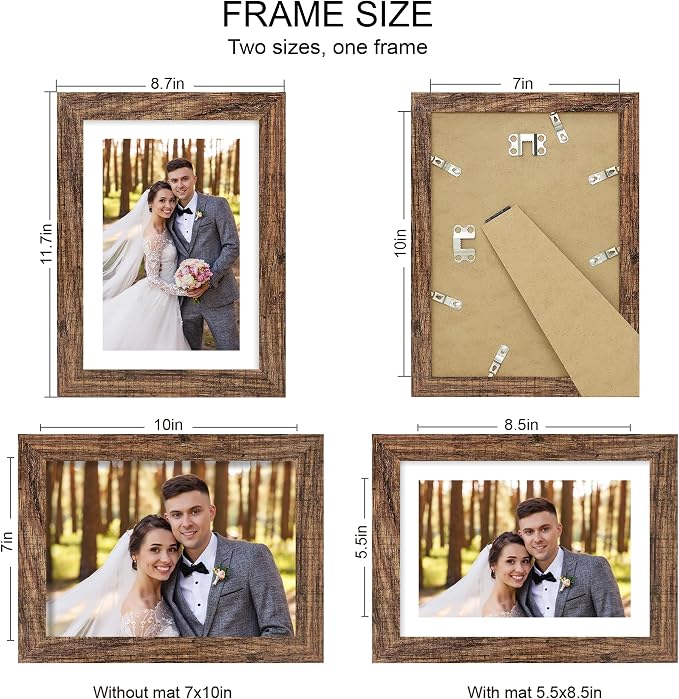 Hongkee 7x10 Picture Frame Set of 4, Made of Real Glass and Rustic Brown Frame - Display 5.5 x 8.5 Diploma Frame with Mat or 7x10 Without Mat, 7 by 10 Photo for Wall or Tabletop