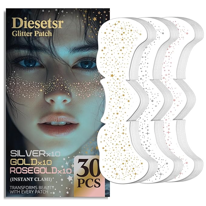 Glitter Freckles Face Tattoo, 30PCS Body Glitter Temporary Tattoos Sparkle Patches for Women, Waterproof Fake Freckles,Festival Rave Outfits Festival Decorations (GOLD&Silver&Rose Gold)
