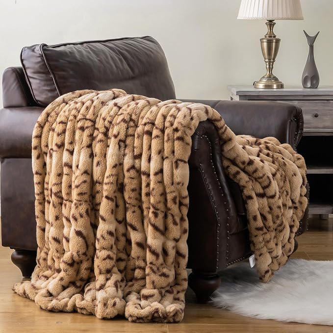 BATTILO Faux Fur Throw Blanket for Couch, 60"x80", Double Side | Cozy Mink Plush Soft Bubble Blanket, Leopard Print Faux Fur Blanket For Bed, Sofa, Living Room