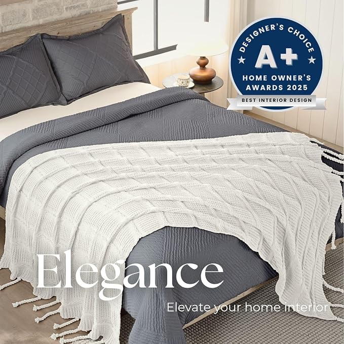 Boho Knitted Chenille Blanket with Tassels - Lightweight & Soft All-Season Throw - 3D Classic Pattern for Living Room Bedroom Couch, Cloud White, Throw 50"x60"