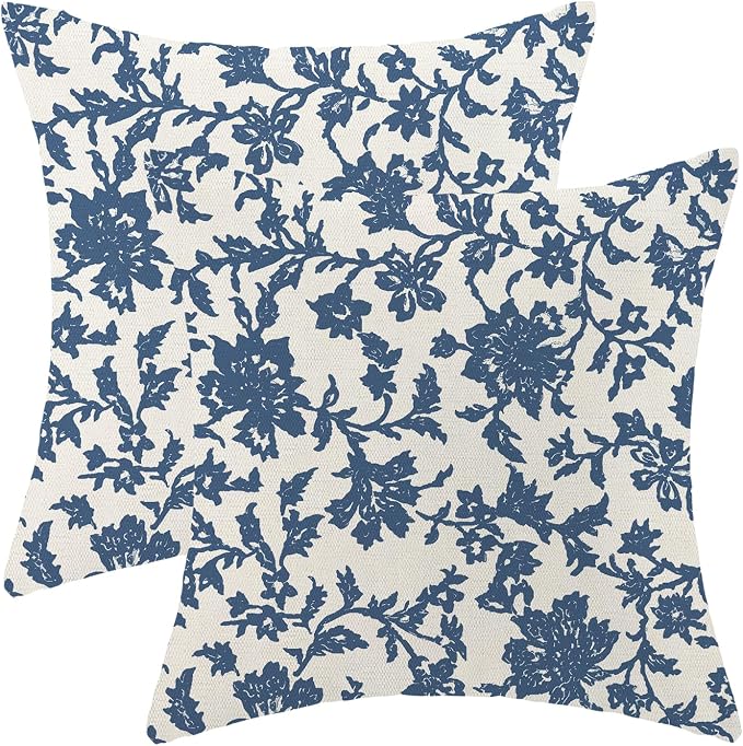 Floral Pillow Covers 18x18 Inch Set of 2 Block Print Blue Flower Throw Pillow Covers Outdoor Decor Boho Vintage Flower Decoration Pillowcase Farmhouse Decorative Cushion Cover for Home Sofa
