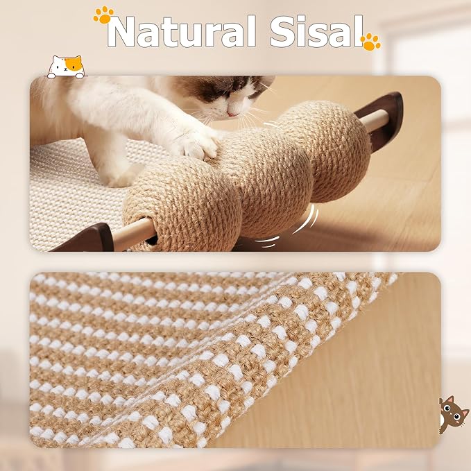 3 in 1 Sisal Cat Scratcher Bed, Solid Pine Cat Scratcher with Balls, Walnut | Extra Large Cat Scratching Post with Hammock, Cat Scratcher for Scratch & Play & Rest, Cat Furniture for Indoor Cats, Kitten