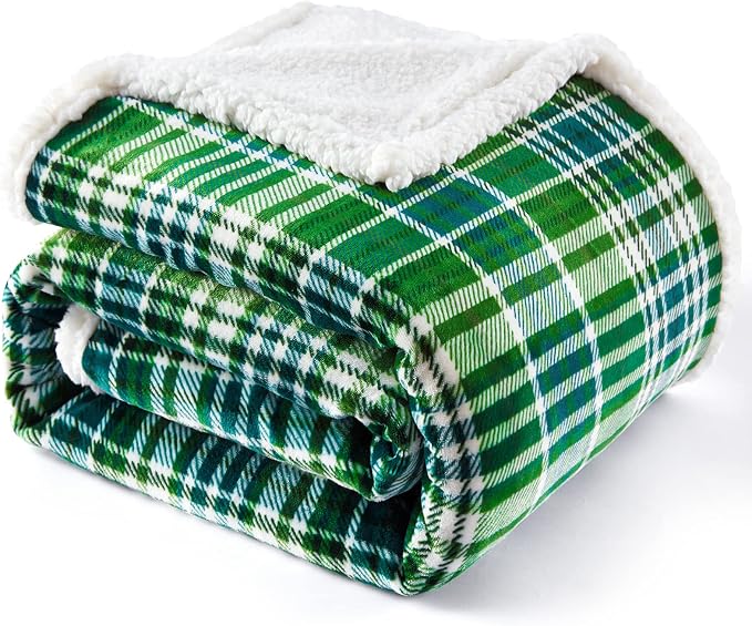 Sherpa Plaid Throw Blanket(60" X 70", Plaid Green), Fuzzy Fluffy Cozy Soft Blanket, Fleece Flannel Plush Twin Size Microfiber Blanket for Couch Bed Sofa