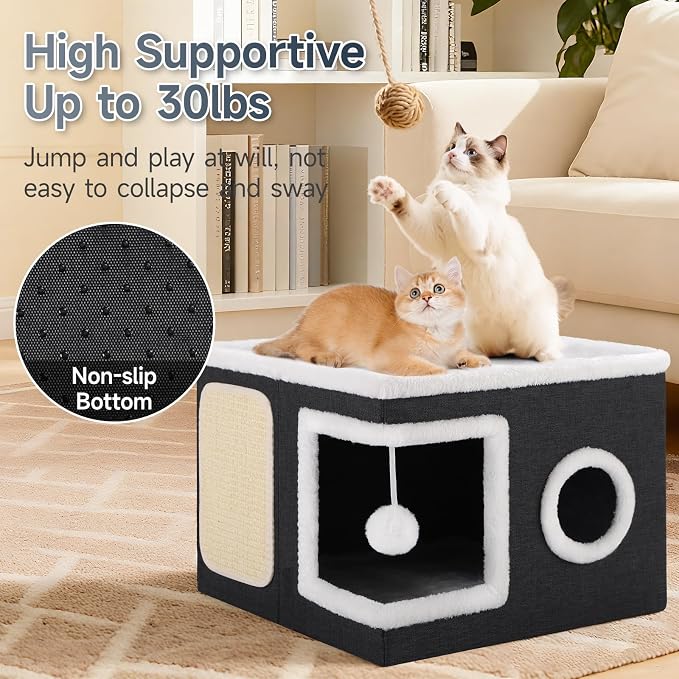 Shikha Cat House Bed for Indoor Cats with Fluffy Ball and Scratch Pad Black | Foldable Large Cat Cave Hideaway with Cozy Condo, Hide and Seek Window, Holds Up to 30LBS, All Season Reversible Cushion