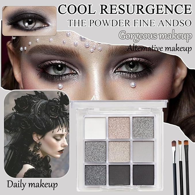 Black Grey Smoky Eyeshadow Palette,15 Colors Matte Shimmer Pigmented Eye Shadow Makeup Palette Set with 3 Eyeshadow Brushes,Glitter Eye Shadow Palette for Daily Halloween Goth Makeup(D)
