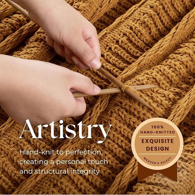 Boho Knitted Chenille Blanket with Tassels - Lightweight & Soft All-Season Throw - 3D Classic Pattern for Living Room Bedroom Couch, Amber Brown, King 90"x108"