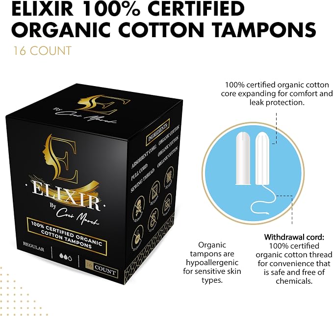 Elixir by Cocó March 100% Organic Cotton Tampons for Women – Hypoallergenic, Biodegradable Tube, High Absorption, Leak Resistant, No Harsh Chemicals - Organic Feminine Care Protection, Super 16 Count