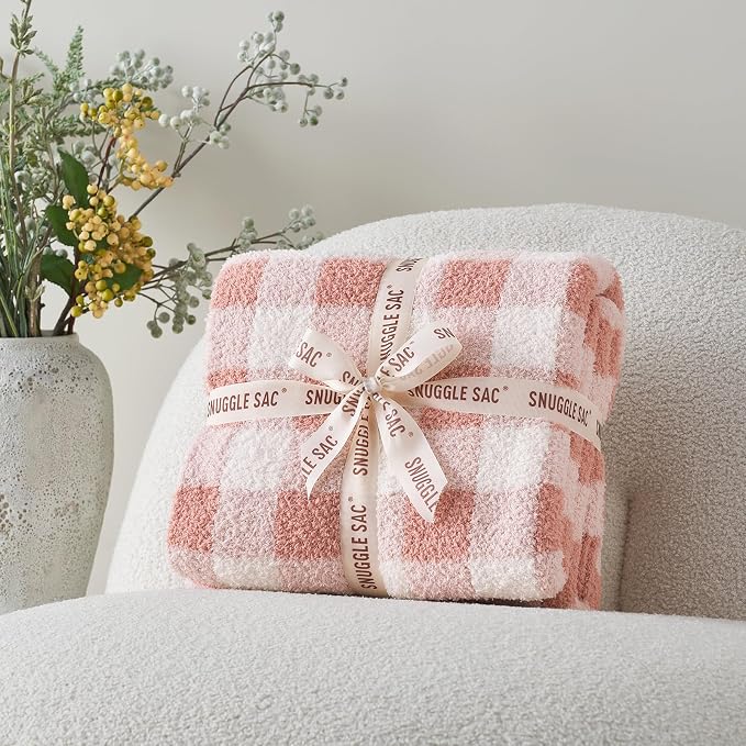 Snuggle Sac Buffalo Plaid Bedding Blanket Twin Size, Super Soft, Cozy Warm Knit Decorative Blankets, Reversible Plaid Fluffy Throws for Bed, Plaid Pink, 60x80 Inches
