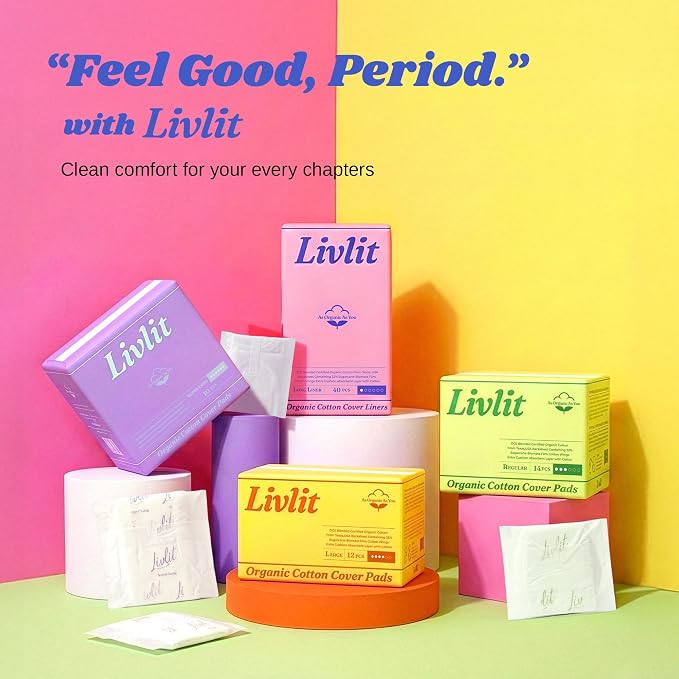 Livlit Ultra Thin Panty Liners Sanitary Pads, 100% Certified Organic Cotton from Texas, Light Absorbency, Chlorine Free, Unscented, Hypoallergenic Panty Liners for Women (40 Count)