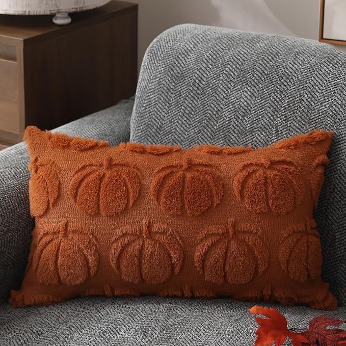 DFXSZ Fall Pillow Covers 12x20 2Pcs Rust Pumpkin Fall Decorations for Home | Fall decor Set of 2 Throw Pillow Cases Soft Plush Faux Fur Wool Couch Cushion for Chair Sofa Bedroom Living Room Home Decor