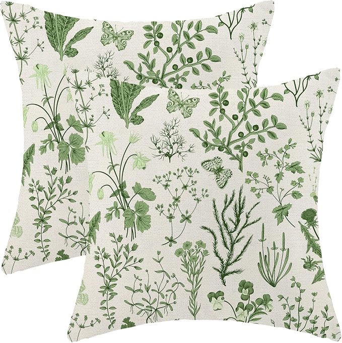 AEIOAE Summer Pillow Covers 24x24 Inch Set of 2,Olive Green Wild Flower Plant Throw Pillows Case,Seasonal Floral Outdoor Decorative Square Linen Farmhouse Decor Cushion Covers for Home Sofa Bed Couch