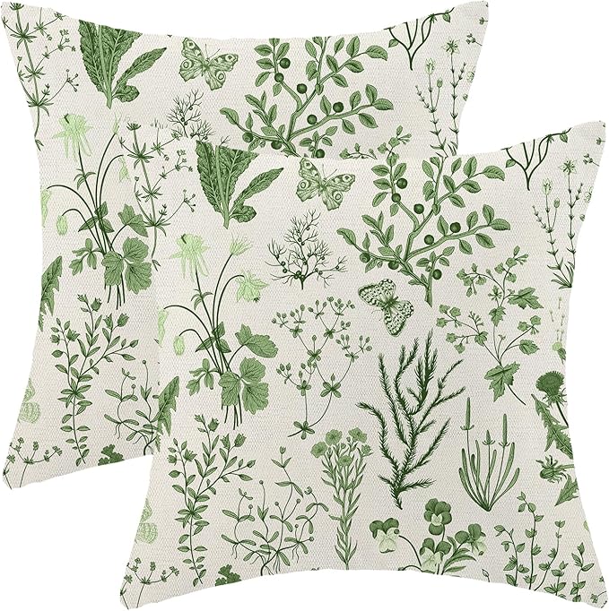 AEIOAE Summer Pillow Covers 20x20 Inch Set of 2,Olive Green Wild Flower Plant Throw Pillows Case,Seasonal Floral Outdoor Decorative Square Linen Farmhouse Decor Cushion Covers for Home Sofa Bed Couch