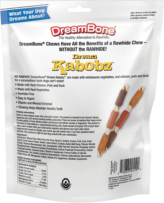 DreamBone Kabobz Rawhide-Free Dog Treats With Real Protein, 18 Count | Daily Chew, Digests Safely and Completely, Made With Real Chicken, Duck, Pork and Veggies, For Adult Dogs