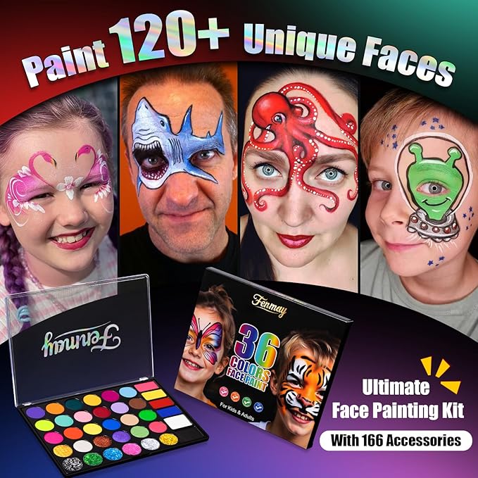 Face Painting Kit for Kids, 36 Colors XL Face Paint Makeup Palette, Non-Toxic and Hypoallergenic| with Stencils, Book, Easy to Use and Safe for Kids, Fun for Halloween, Party, School Event