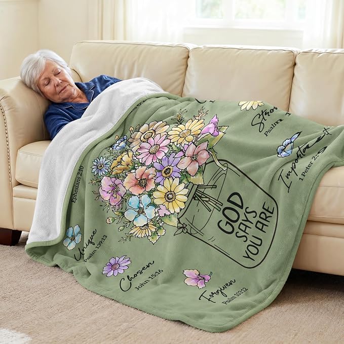 Christian Gifts for Women, Christian Birthday Blanket with Flowers | Religious Christmas Spiritual Baptism Gifts for Grandma Nana Mom Female Friend Sister, Throw Blankets 80''x 60'', Sage Green