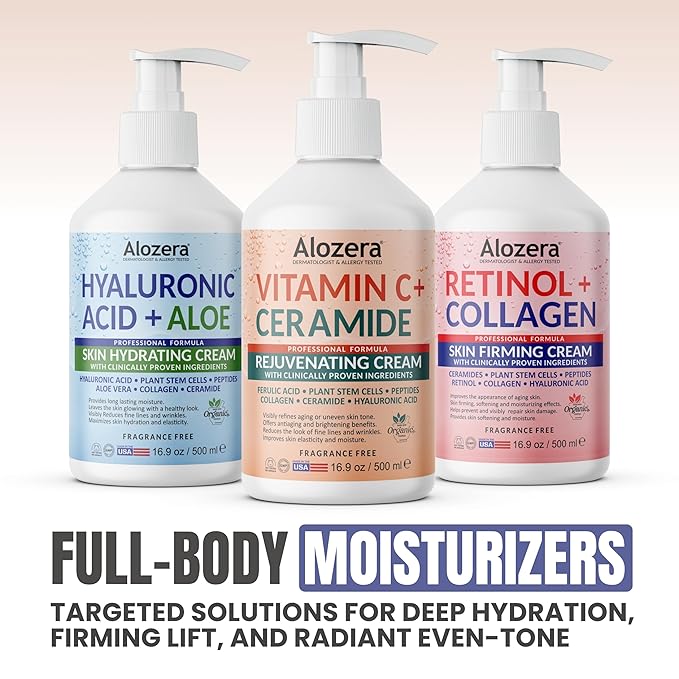 Alozera Vitamin C Body Lotion with Ceramides & Stem Cells, Anti-Aging Moisturizing Body Cream for Noticeably Brightening & Visibly Even Skin Tone, Lightweight, Fragrance Free, 16.9 oz