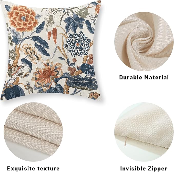 Navy Blue Orange Pillow Covers 18x18 Inch Set of 2 Vintage Blue Floral Throw Pillows Chinoiserie Flower Decorative Pillow Case Outdoor Linen Farmhouse Cushion Cover for Couch Sofa Decorations