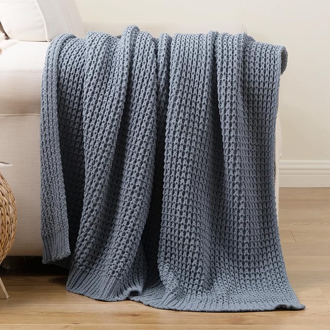 Blue Grey Throw Blanket for Couch, Waffle Knitted Throw Blanket 50"x60" | Chunky Chenille Throw Blanket, Soft Blue Throw Blanket for Home Decor, Sofa, Modern Farmhouse Knit Style
