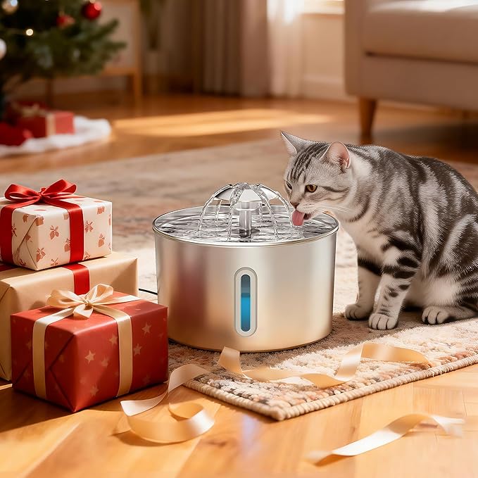 Cat Water Fountain Stainless Steel - 74oz/2.2L Automatic Large Pet Watering Bowl Dispenser for Indoor Dogs - Drinking Fountains with 3 Filter, Gifts for Cats and Kitty - Dog Waterer Bowls No Spill