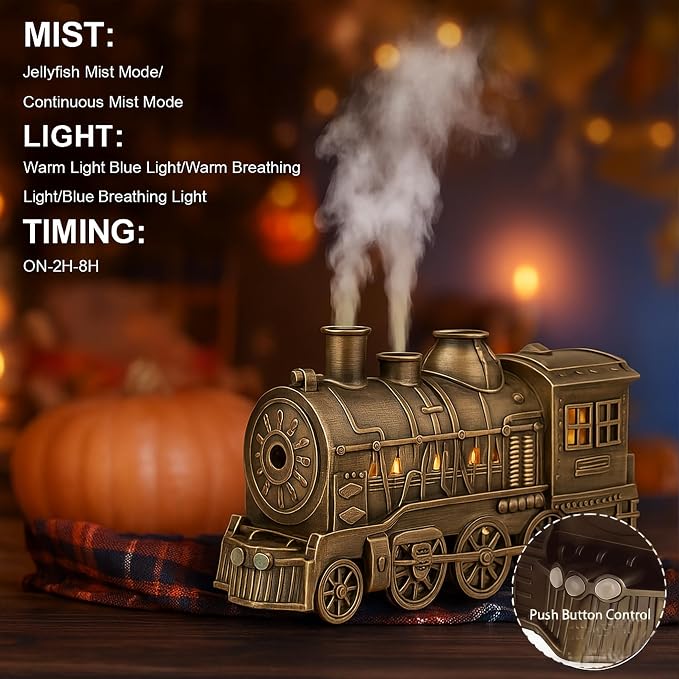 Train Diffuser, 300ml Vintage Steam Train Essential Oil Diffuser, 2 Color LED Dual Mist Modes Christmas Train Air Diffuser Aromatherapy Humidifier with Remote Control, 2/8 Hours Auto Shut-Off