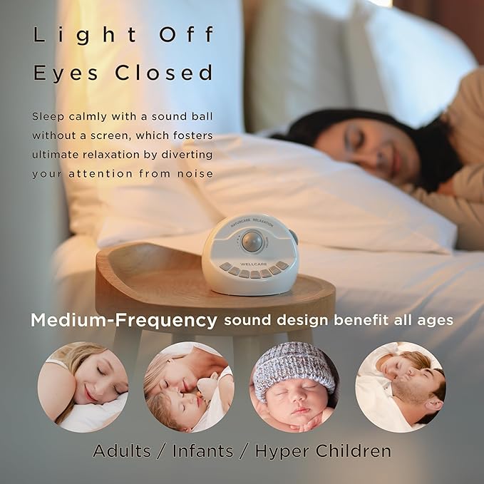 WELLCARE-Naturcare Sound Relaxation: White Noise, 7 Nature Sounds, Sleep Sound Machine, Calm Infants, for Baby, Kids, Adult. Stepless Volume, Timer, Powered by Adapter or Batteries(Both Not Incl.)