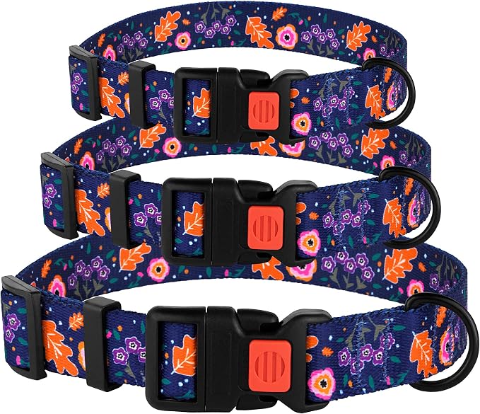 Nylon Dog Collar Floral Pattern Navy Blue 18-16 inch