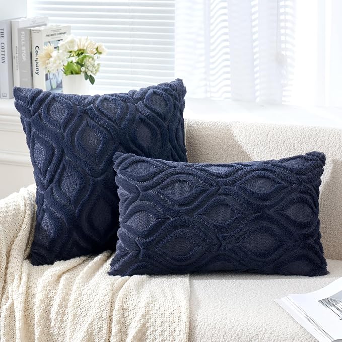 MIULEE Navy Blue Soft Plush Faux Wool Throw Pillow Covers 18x18 | Set of 2, Farmhouse Boho Home Decor, Decorative Cushion Covers for Sofa, Living Room, Bed