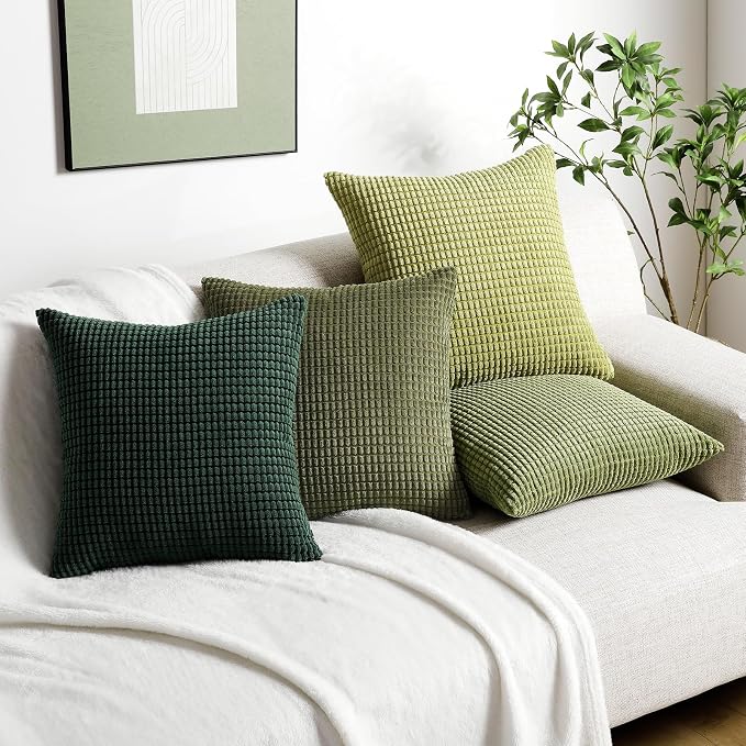 Softalker Corduroy Decorative Throw Pillow Covers 20x20, Set of 4, Green | Soft Boho Striped Pillow Cases, Couch Fluffy Cushion Covers for Farmhouse Home Decor Bed Living Room
